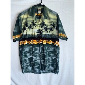 Winnie Fashion Hawaiian Shirt Mens Large Green Tropical Palm Tree Sunset Cotton